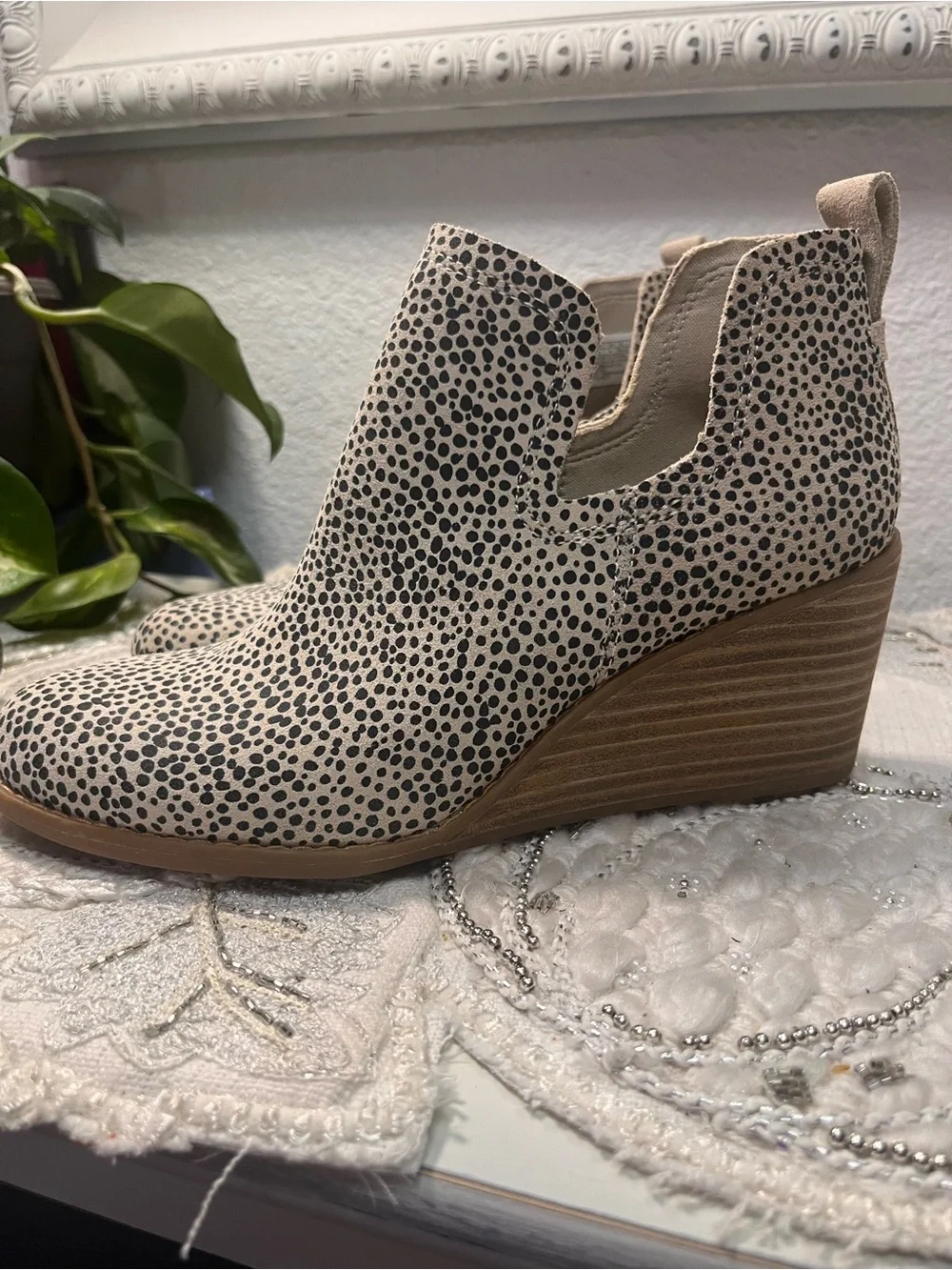 Toms Leopard-Print Wedge Ankle Booties in Beige and Black (6) see description